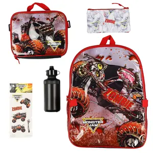 Monster Jam Zombie 5-Piece 16" Backpack Set with Detachable Insulated Lunch Box Book Bag