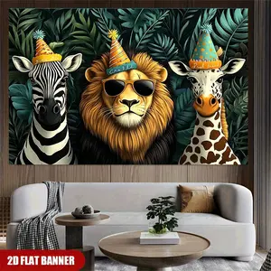 2D 1pc Jungle Party Animal Banner, Cool Lion with Sunglasses & Party Hat Backdrop, Tropical Safari Themed Decor for Birthday, Baby Shower, Photo Booth