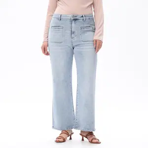 Retro Plus Size Patch Pocket Wide Leg Jeans - High Waisted Roomy Baggy Denim - Stretchy Comfort Fit Streetwear for Curvy Women Womenswear Womenswear