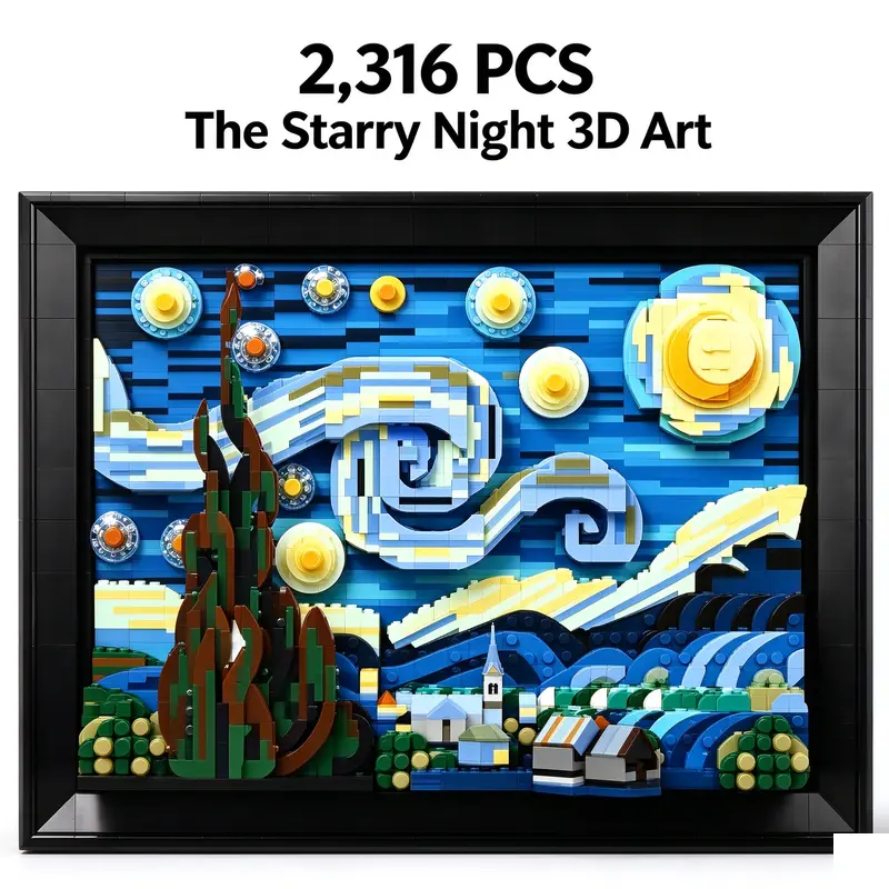 2316 PCS The Starry Night 3D Art Building Blocks Set, Famous Painting Recreated in Bricks, Wall Hanging Decor, Black Frame, Numbered Bags, Gift for Art Lovers Tree Ornaments