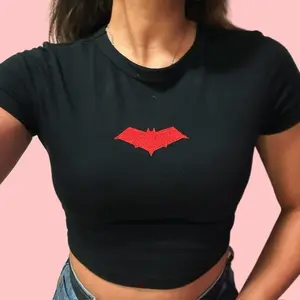 DC Redhood Symbol Crop Top Black Short Sleeve Crew Neck Casual T-Shirt for Women Cute Fashionable Streetwear