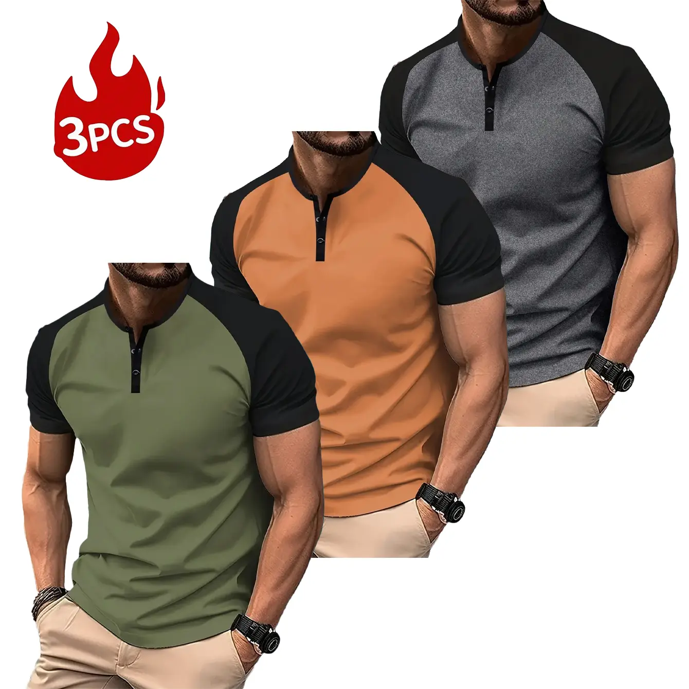 Summer lightweight men’s short-sleeve T-shirt Henley shirt with sleeve cuff design for travel/vacation—comfortable, multifunctional, casual, outdoor, sports; men’s shirt.