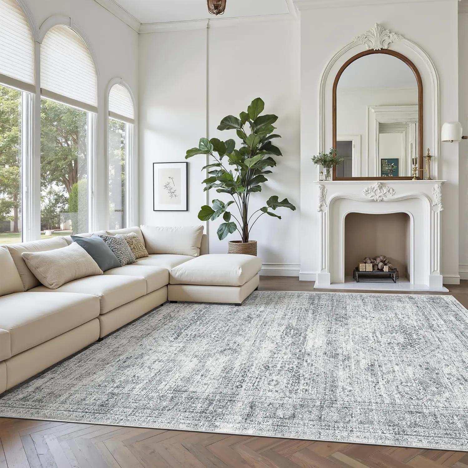 Washable Area Rug Large Soft Rugsfor Living Room Vintage Beige Carpet AreaRugs for Bedroom Dining Room Non-Slip StainResistant Under Table Rug Available inVarious Sizes