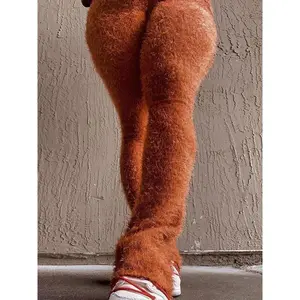 Women's Plain Fuzzy Flare Leg Pants, Fashionable High Waist Bell Bottom Trousers For Fall & Winter, Women's Bottoms For Daily Wear