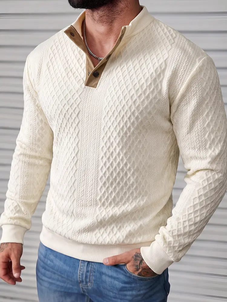 Classic Diamond Grid Textured Knit Henley Collar Long Sleeve Pullover, Half Button Placket Design, Wrinkle Resistant Comfort Fabric For Vacation Travel Walking Daily Multi-Scene Wear