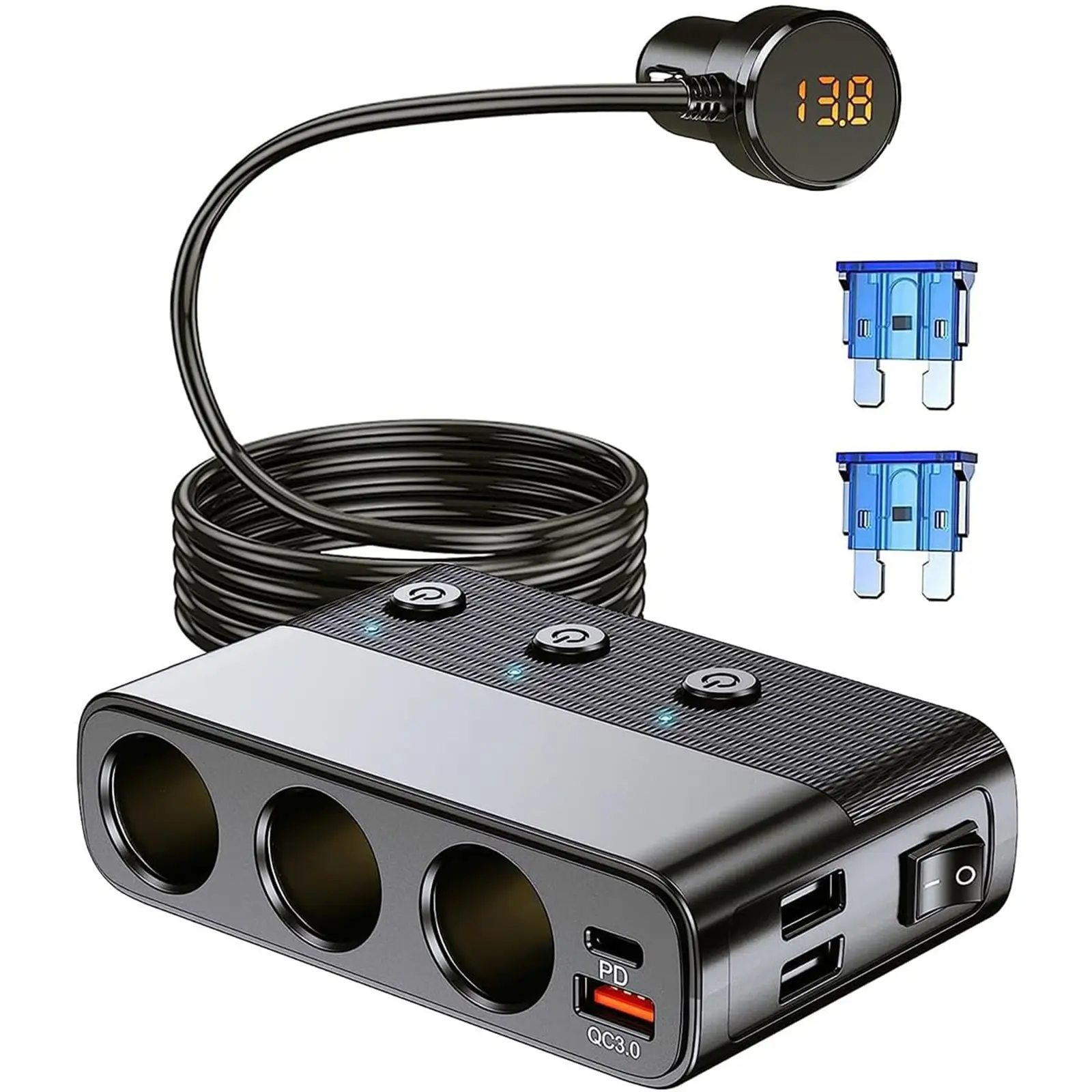 7-In-1 Car Charger Adapter, Automotive Charger, Car Adapters, Type-C Qc3.0 PD 30w Fast Charging, Usb Powered Charging, Dual USB Ports, Usb Car Connector, LED Voltage Display, 12V/24v Plug, 3.3ft Cable, Multifunctional Charger, Charger For Car