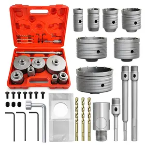 Concrete Hole Saw Kit, 30/40/50/65/80/100/110mm, Alloy Steel, Silver, Industrial, Hole Saw Set, Compatible with Stone, Brick, Cement, Wall Drilling