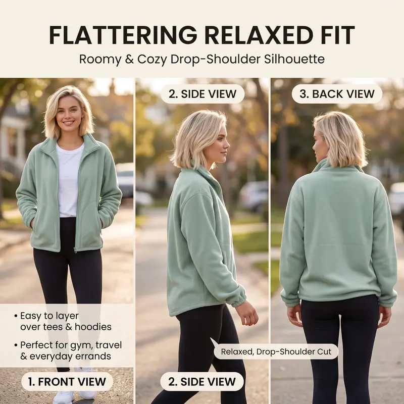 【JOGWAVE】Women’s loose, close-fitting fleece zip jacket, casual warm stand-collar outerwear with deep pockets, suitable for autumn and winter