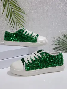Sequined Women's Flats, Comfortable Lace-Up Casual Shoes, Non-Slip Boardwalk Sneakers, Versatile Fashion Footwear, Trainers, Walking Shoes