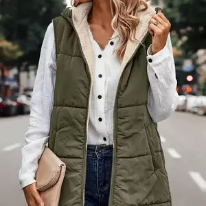 Faux Fur-Trimmed Sleeveless Hooded Vest in Chic Brown Quilted Polyester - Fitted for Fall/Winter, Jacquard Army Green Womenswear Comfort Elegant Tops Collared Outerwear