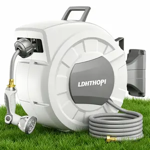 40/100/110/130FT X1/2" Retractable Garden Hose Reel, Decorative Outdoor Garden Hose Reels - Automatic Self Retract Wall Mount Hose Reel Enclosed Storage, Any Length Lock, 10 Pattern Nozzle-Grey