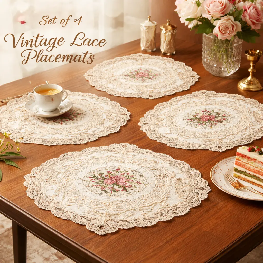 4 Pack Vintage Lace Placemats – French Crochet Table Mats, 12x16 Inch Beige, for Dining Table, Coffee Table, Nightstand, Includes Matching Coasters