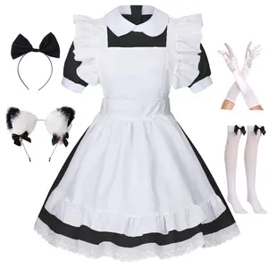 Women's Lolita French Maid Outfit Halloween Anime Costume with Apron Gloves Headband Socks 6 Pcs Set Cosplay Clothing cute fursuit