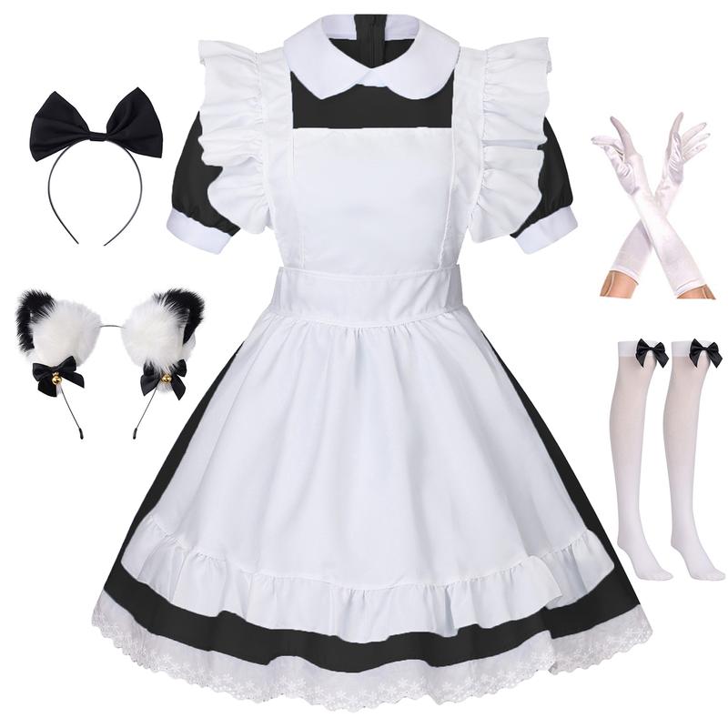 Women's Lolita French Maid Outfit Halloween Anime Costume with Apron Gloves Headband Socks 6 Pcs Set Cosplay Clothing cute fursuit