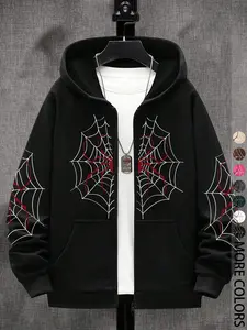 Unisex Spider Web Print Hoodie, Zipper Front, Fitted Long Sleeve Sweatshirt, Street Style Fashion for Fall & Winter