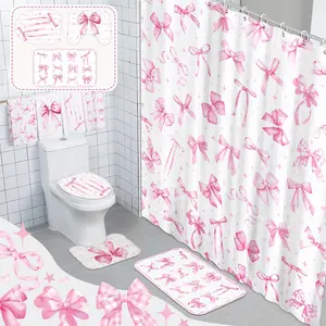 8 Pcs Pink Bow Shower Curtain Sets for Bathroom Decor Cute Coquette Aesthetic Bow Knot Girly Bathroom Set with Towels Carpet Bath Mat Toilet Rugs and 12 Hooks