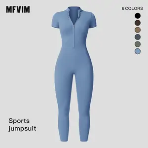 MFVIM  Women's Zip-Up Stand Collar Short-Sleeve Yoga Jumpsuit, High-Elastic Quick-Dry Slim-Fit Waist-Controlled Athletic One-Piece Outfit
