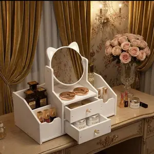 White Wooden Makeup Organizer Large Capacity Multi Function