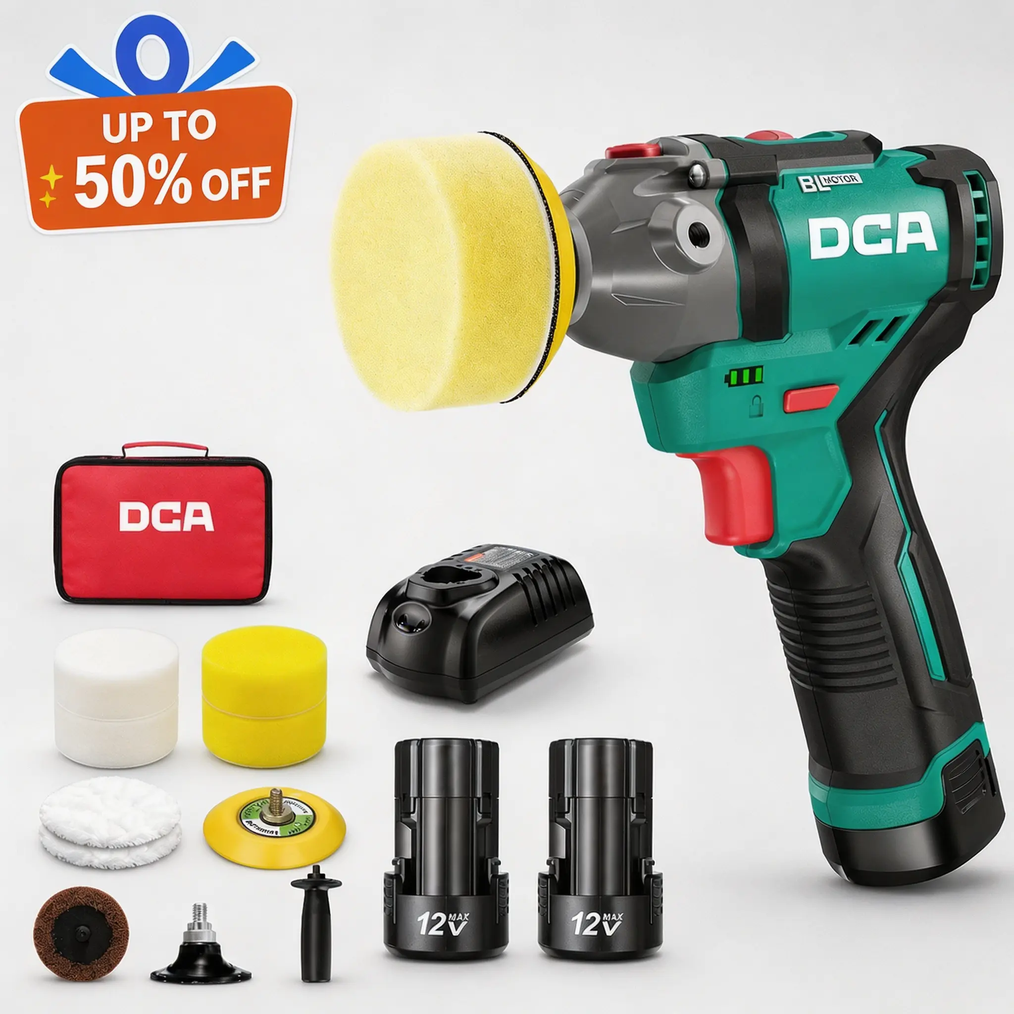 【Summer Clearance】5-year warranty DCA 12V Cordless Polisher 14-Piece Kit, 2 x 2.0Ah Batteries, 3-inch Car Polisher & 2-inch Sander, 2-Speed (2800-8300 RPM), for Auto Detailing, Waxing, Floor/Metal/Wood/Tile Polishing