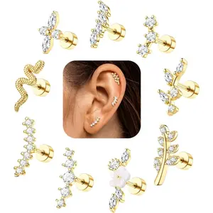 CASSIECA Earrings for Women Flat Back Hypoallergenic Surgical Stainless Steel Stud Earring Set for Sensitive Ears CZ Daith Conch Tragus Helix Piercing Jewelry 9PCS 16G 18G