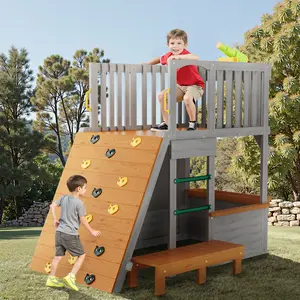 Kids Playhouse Outdoor,Wooden Play House Play set for Kids– Large, Sturdy, Realistic Design with lookout post,telescope and climb ramp– Perfect for 5-8 Children