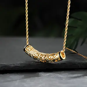 14K Golden Plated Hawaiian Style Plumeria Carved Pendant Necklace - Twisted Rope Chain - Pacific Island Vacation Jewelry, Valentine's Day Gift, Alloy Construction, Season-Universal