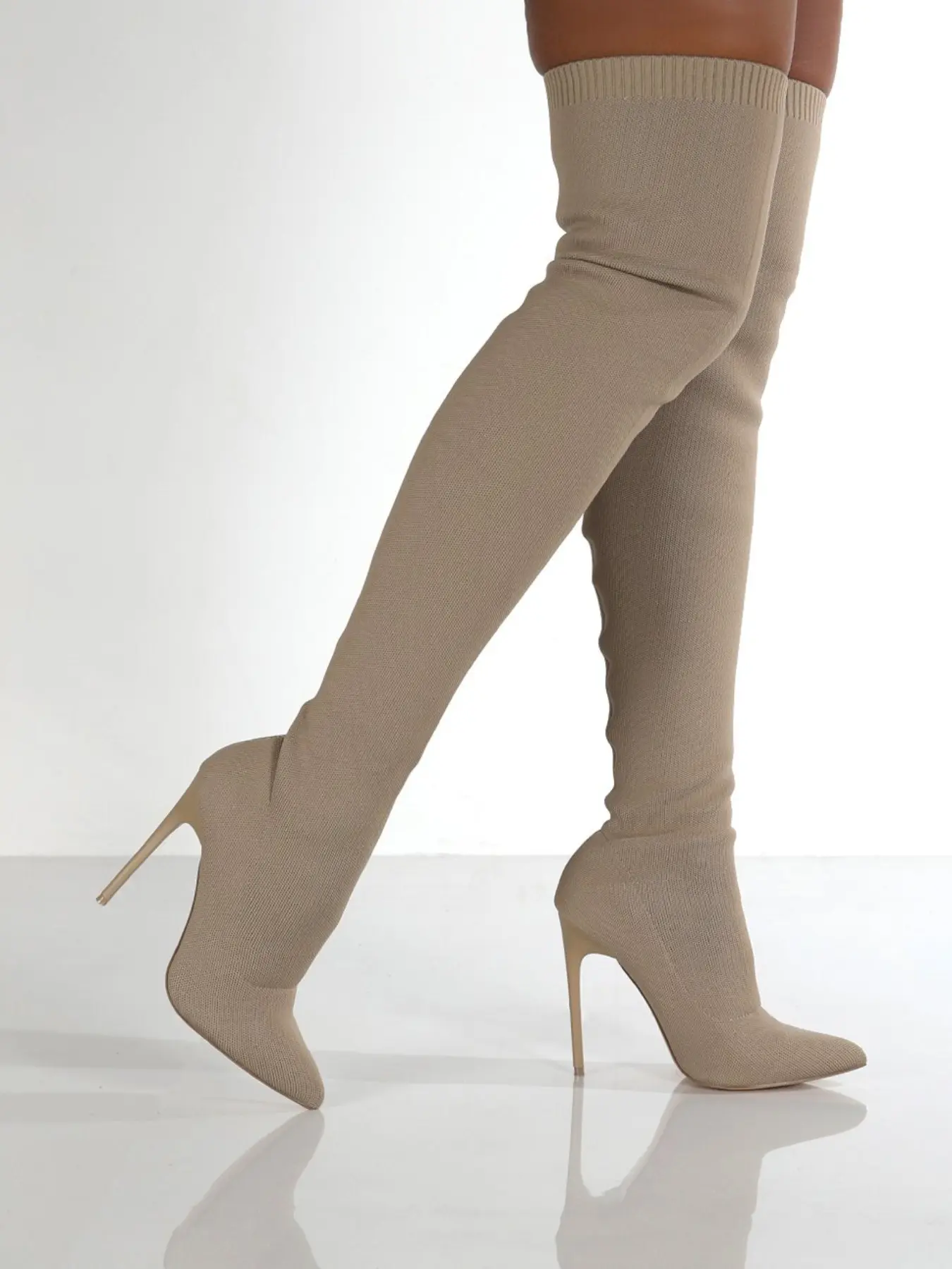 Camel Color Suede Lycra Boots, Boot Heels, High Heel Boots, High Heeled Boots, Fashion over Knee Design, Comfortable Fit, Elastic Lycra Material, Suitable for Various Occasions
