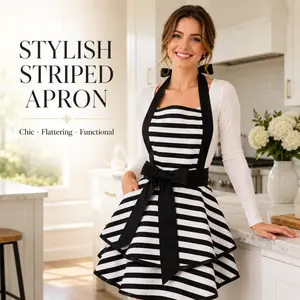 Lovely Cotton Retro Apron for Women Girls – Black White Striped Kitchen Cook Apron, Cake Baking Apron for Mother's Gift