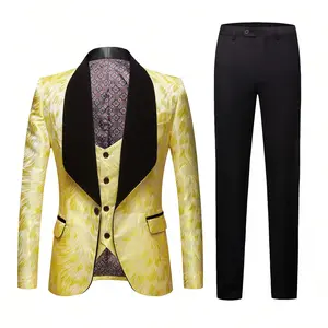 3 Piece Yellow Slim Fit Solid Color Peaked Lapel Tuxedo Jacket Blazer for Formal Occasions Such As Parties Proms and Weddings