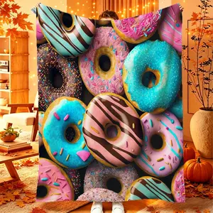 Donut Pattern Digital Print Flannel Blanket, 100% Polyester, Lightweight, Comfortable, Ideal for Sofa, Bed, Gifts, Easter, Valentine's Day, Wedding, Birthday