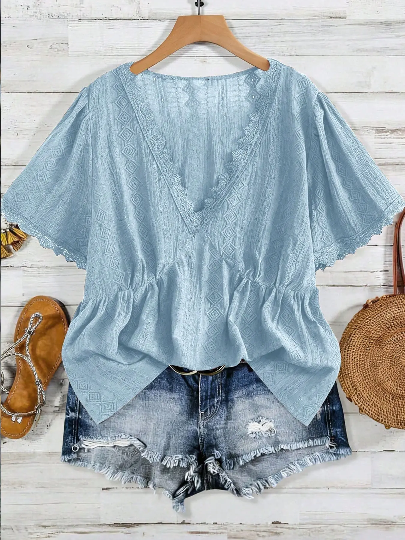Plus Size Women's Light Blue Lace V-Neck Lightweight Chiffon Top Vneck, Womenswear, All Seasons Blouse, Waist-Cropped Babydoll Shirt, Summer Chic Casual Wear, Breathable Casual Top, Daily, Commute, Date, Vacation