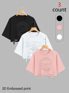 Women's 3-Pack 3D Letter Print Crop Tops, Loose-Fit Short Sleeve Tees, Y2K Style, Multicolor, Perfect for Daily Wear, Music Festivals, Streetwear