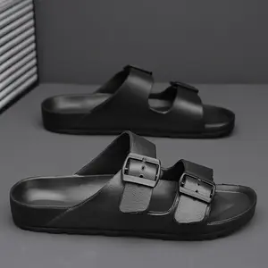 Non Slip Men's Solid Casual Open Toe Slides, Quick-drying Beach Shoes With Buckles Decor For Outdoor Walking