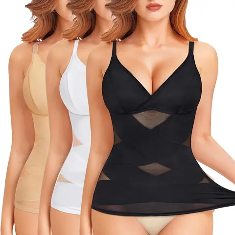 Women's High Elastic Compression Patchwork Shapewear Tank Top - Basic Casual, Adjustable, Abdominal Shaping Tummy Control, Backless V-Neck Spaghetti Straps, Move-with-You Fit, Plus Size Camisole Vest