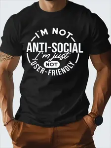 Shirts for Men - Mens Clothes - 100% Pure Cotton Fabric - Round Neck - Comfortable and Breathable - Minimalist Design with Print - Black Short Sleeve with Funny 'I'm Not Anti-Social I'm Just Not User-Friendly' Graphic - Suitable for Daily and Outdoor We