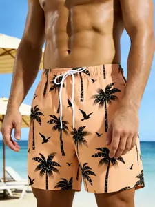 Men's Tropical Coconut Tree Print Beach Shorts, Summer Holiday Essential Swimwear Trunks, Comfortable Breathable Quick Dry Design