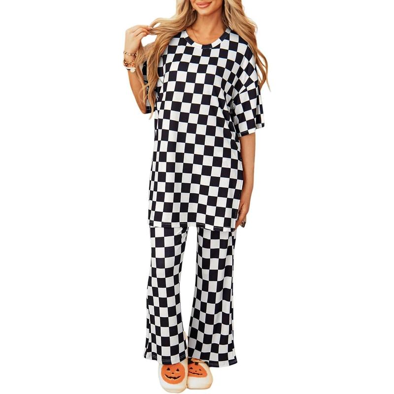 Women 2 Piece Outfits Ribbed Casual Checkered Boxy Sleeve Top and Wide ...