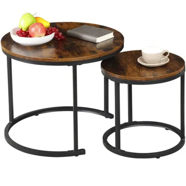 Zenstyle 2-Piece Industrial Stackable Nesting Wood & Metal Table Set, Rustic Brown Steel Frame, Modern Bedside, Rustic Sofa, Coffee Table for Living Room Home Decor, Modern Bedside Table