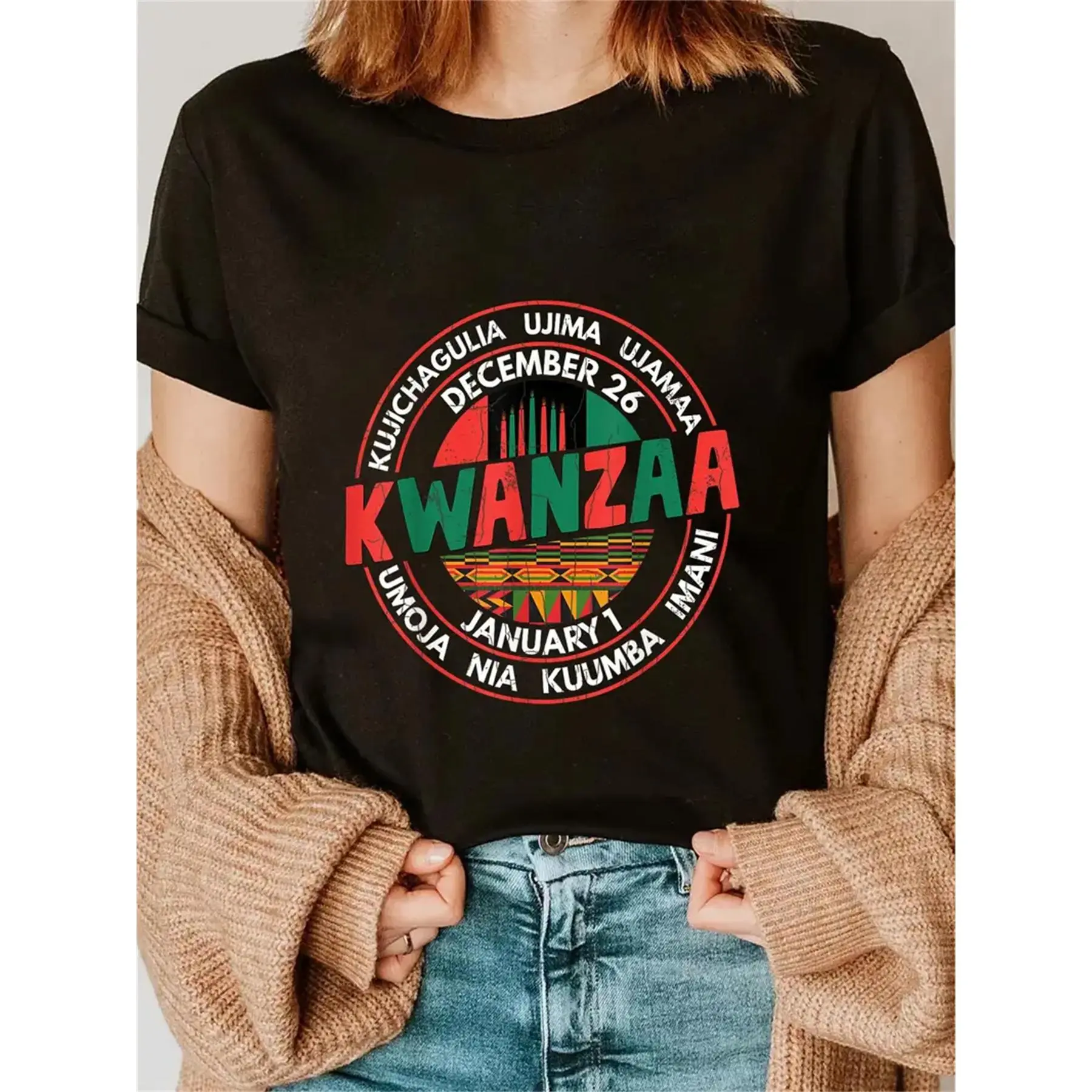 [Kwanzaa Casual Short Sleeve Top] Kwanzaa Print Crew Neck T-Shirt - Soft Micro Elasticity Polyester Fabric, Casual Short Sleeve Top for Spring & Summer, Womens Regular Length Knit Fabric Clothing with Random Printing