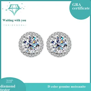 S925 silver stud earrings set with D color VVS moissanite, round cut moissanite stones; elegant minimalist jewelry gift; strong fire color; quick test drill pen.