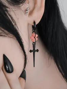 Punk Black Sakura Blade Earrings Gothic Cherry Blossom Motifs Sword Pendant Small Hoop Earrings Japanese Jewelry