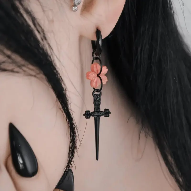Punk Black Sakura Blade Earrings Gothic Cherry Blossom Motifs Sword Pendant Small Hoop Earrings Japanese Jewelry Punk Style Earrings