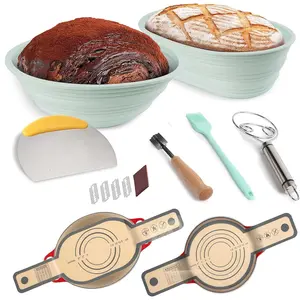 Sourdough Starter Kit 2 Banneton Proofing Basket Start Kit，Silicone Sourdough Bread Baking Supplies, with Making Tools & Silicone Bread Baking Mat (Green)