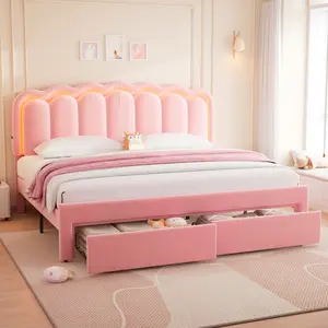 Jocoevol Soft bed with drawers at the headboard, velvet fabric, all in beige.