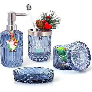 Blue Bathroom Accessories Set, 4-Piece Transparent Glass Bathroom Accessories, Lotion Soap Dispenser Set, Toothbrush Holder, Stand, Soap Dish for Crystal Modern Bath Decoration, Set