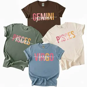 Full 12 Zodiac Sign Comfort Colors T-Shirt, Astrology Script Zodiac Tee for Gemini Virgo Pisces, Trendy Pastel Letter Design, Soft Washed Cotton Unisex Gift
