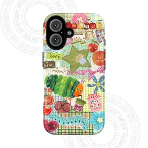 Cute Caterpillar Collage Phone Case – Colorful Fruit, Star & Flower Stickers with Whimsical Cartoon Design, Vintage Aesthetic, Playful Green Plaid Background – Fits iPhone 7, 8, X, XS, 11, 12, 13, 14, 15, 16 Pro Max, Samsung Galaxy S21, S22, S23, S24