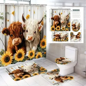 4pcs Rustic Farmhouse Bathroom Decor Set, Adorable Baby Highland Cows & Sunflowers, Whimsical Shower Curtain, Toilet Seat Cover, Bath Rugs