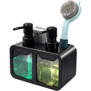 Kitchen Hand Soap and Dish Soap Dispenser Set, Dual Soap Dispenser with Sponge Caddy and Brush Holder 4-in-1 Organizer for Kitchen Sink Countertop, Useful Kitchen Gadgets - Black