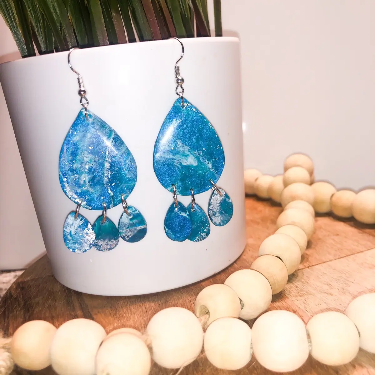 Turquoise + Silver Teardrop Earrings | Polymer Clay | handmade